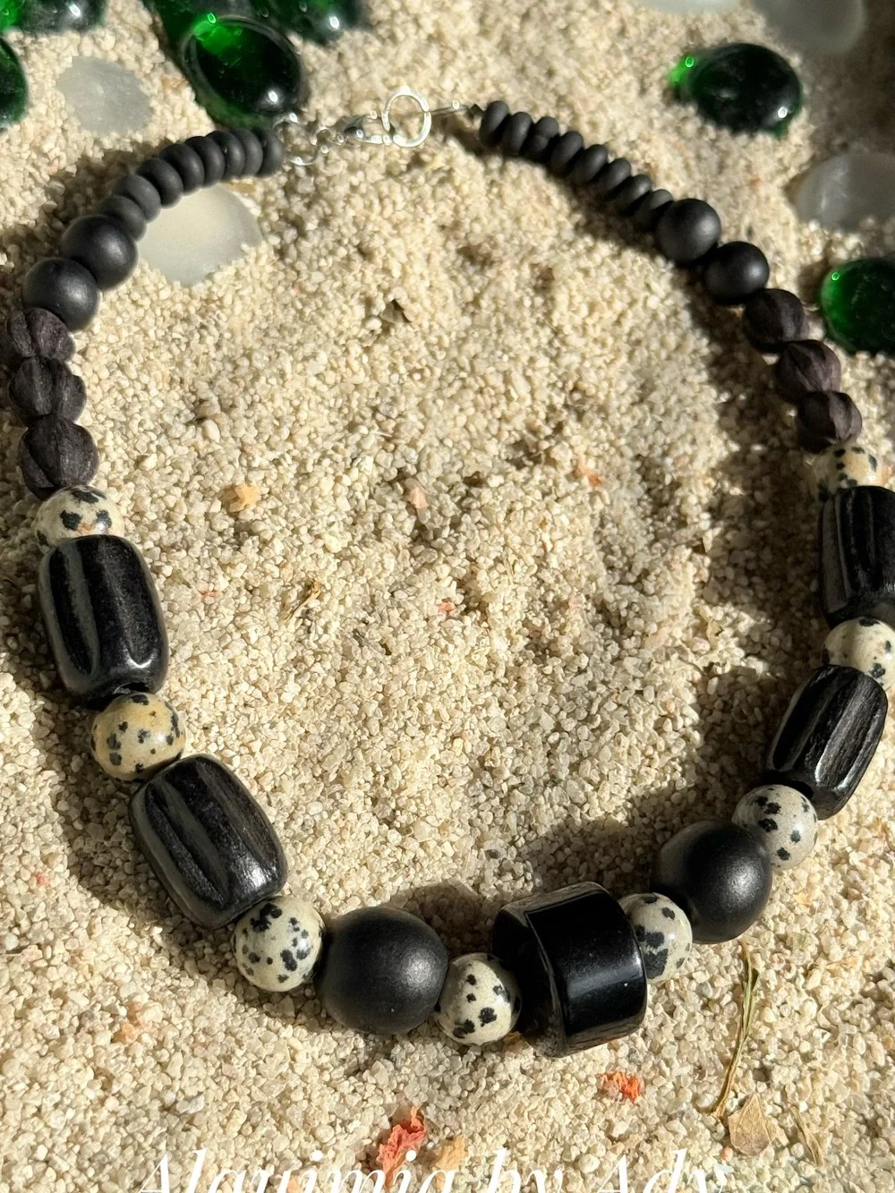 HIGH SUMMER + Black Faceted & Textured Beaded Necklace Dalmatian jasper